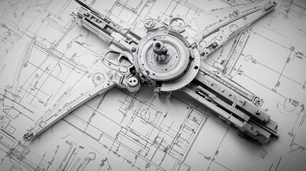 Poster - Complex metallic device lying on technical drawings and plans
