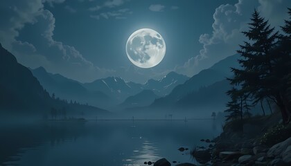  Giant Moon Over Calm Lake – Cinematic Fantasy Landscape