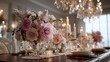 © Abda - A refined Mothera??s Day card with soft floral designs on a rich mahogany dining table, surrounded by soft candles and crystal chandeliers overhead, captured in