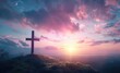 © Sana - Majestic Cross at Sunset Inspirational Mountain Peak View with Dramatic Sky for Travel and Spiritual Retreats