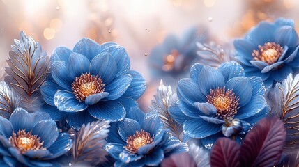 Enchanting blue flowers with golden details in a dreamy bokeh setting