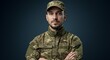 © crispy - Headshot studio portrait of confidence and strength of a man in camouflage uniform and tactical cap, military officer person studio shot with gray back.