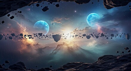 Wall Mural - fantasy outer space landscape floating asteroid fields glowing alien moons rainbow gas clouds sci-fi