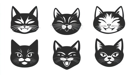 Naklejka na meble Six playful cat faces, monochrome, graphic design, white background, pet illustrations