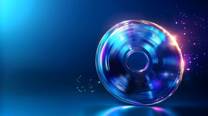 Fototapete - Glowing rotating metal disc with blue and pink reflections on dark background
