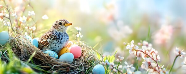 Wall Mural - little bird sitting in nest with easter eggs in spring meadow