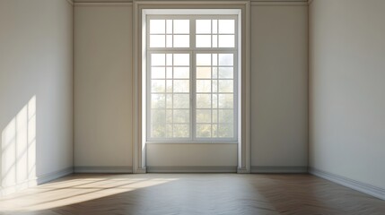 Poster - Classic empty room with big window, parquet and sunlight illuminating walls