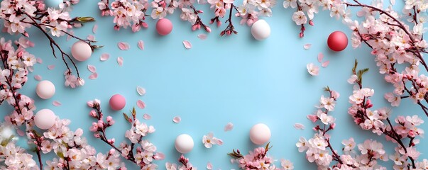 Wall Mural - Easter eggs and cherry blossom forming a frame on light blue background