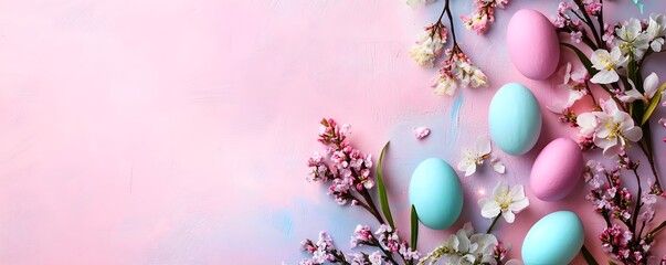 Wall Mural - pastel colored easter eggs and spring flowers creating festive border on pink background