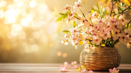 Wall Mural - Spring flowers bouquet in basket illuminating golden background