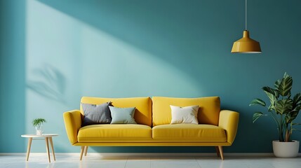 Poster - Yellow sofa illuminating modern living room with teal wall