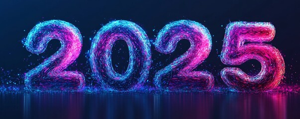 Fototapete - 2025 numbers shining with blue and pink neon light on dark background