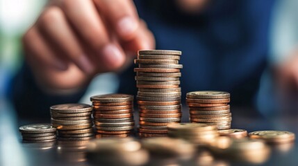 Poster - Businessman stacking coins showing increasing profits
