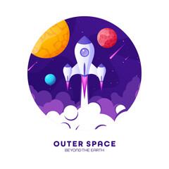Wall Mural - Rocket launch, space futuristic colorful background with planets and stars. Cartoon starship, spaceship in night sky. Solar system, galaxy and universe exploration. Vector illustration