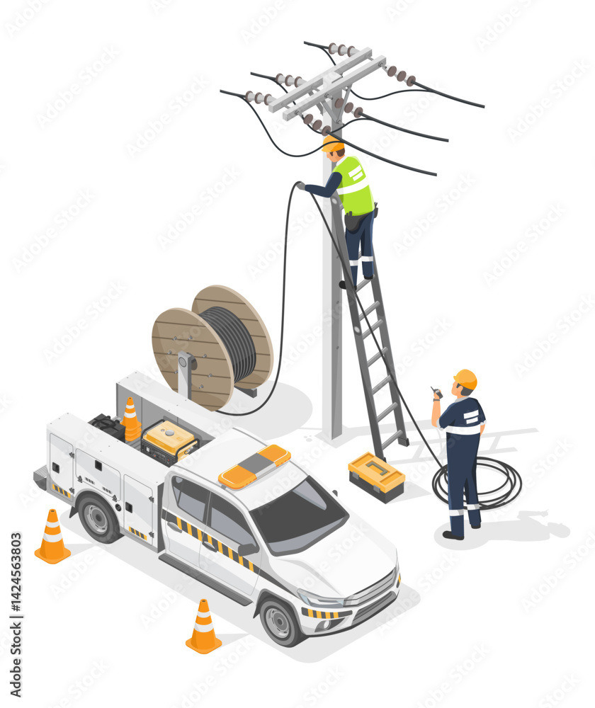 Cartoon Cabling Works Isometric illustration of electrical line workers installing power ...