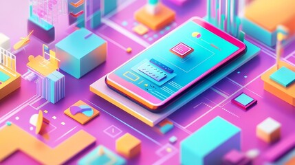 3D Handhold phone mobile app development, application building, app testing, UI-UX and web design. Abstract 3d object background. 3d Vector illustration