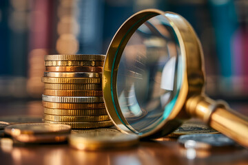 Poster - Close-up of stacked coins through magnifying glass