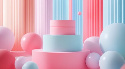 Fototapete - Soft pastel scene featuring circular objects and a pedestal against vertical pink stripes in a light-filled setting