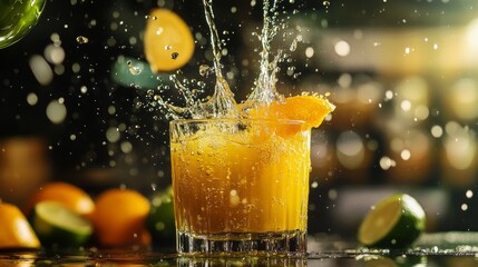 Aufkleber - An artistic shot of a splash of  being poured from a bottle into a glass, with droplets and splashes captured mid-air, highlighting the freshness and vitality of the juice.