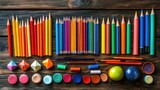 Colorful array of art supplies on wooden surface: pencils, paper, and crayons