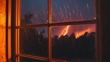 Poster - A close-up shot of a window pane with raindrops and streaks of lightning visible outside, emphasizing the storms ferocity and the safety of the indoor environment.