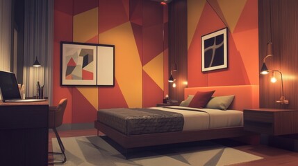 Aufkleber - A contemporary bedroom with a clean, modern aesthetic, featuring a floating bed, geometric patterns on the walls, and a sleek desk with a laptop and desk lamp.