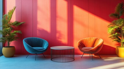 Poster - Modern seating arrangement in a vibrant indoor space with colorful chairs, a central table, and lush greenery, illuminated by natural sunlight in the afternoon