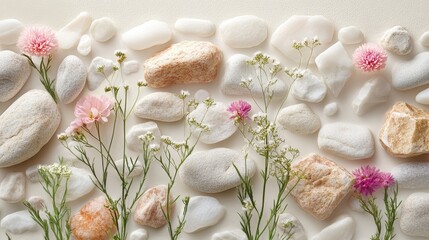 Aufkleber - Variety of stones and flowers arranged artfully on a soft background during a creative design session
