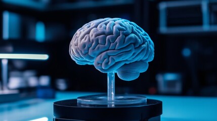 Poster - A high-quality shot of a D printed brain model with realistic texture and detail, positioned on a stand and illuminated for a clear view of its structure.