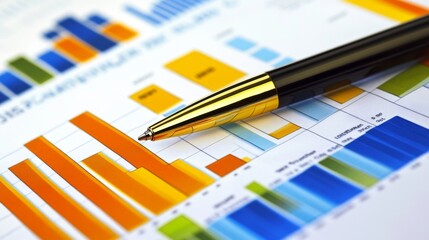 Poster - A high-resolution image of a financial report featuring multiple bar charts with detailed performance metrics, placed on a desk with business documents and a pen.