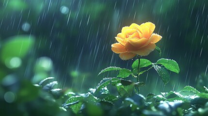 Poster - A soft-focus image of a yellow rose in the rain, with water droplets collecting on the petals and leaves, creating a fresh and serene feeling.