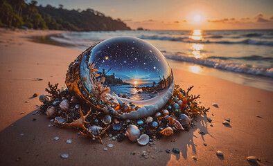 Fototapete - Glass ball with a reflection of the ocean and the sun. The beach is a beautiful and serene place