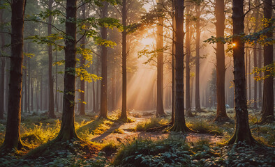 Poster - Forest with trees and sunlight shining through the leaves. The sunlight creates a warm and peaceful atmosphere