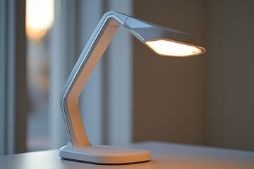 Poster - Desk lamp illuminates workspace in peaceful blue room during evening, enhancing cozy atmosphere for reading or studying