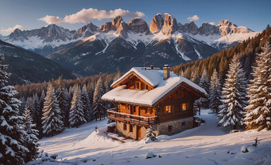 Poster - Cozy cabin in the woods with a view of snow-capped mountains. The cabin is surrounded by pine trees and the snow-covered ground. Concept of warmth and comfort