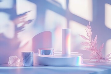 Leinwandbilder - Colorful beauty product on a minimalistic display against a softly lit backdrop showcasing gradient hues during daylight