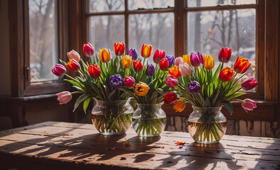 Poster - Three vases of tulips are arranged on a wooden table. The vases are filled with water and the tulips are in full bloom, creating a colorful and vibrant display