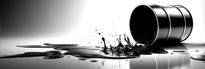 Fototapete - Black Barrel Spills Oil Artistically, Creating a Striking Contrast on Glossy White Surface