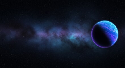 Beautiful cosmic scene featuring a luminous blue planet set against a backdrop of swirling nebulae and distant stars, conveying a serene and mysterious atmosphere in space