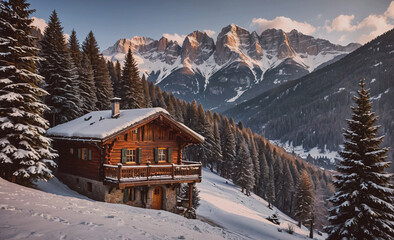 Poster - Cabin in the woods with a view of mountains. The cabin is surrounded by trees and snow