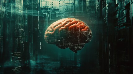 Wall Mural - abstract digital brain artificial intelligence network technology concept 3d red data mind dark gree