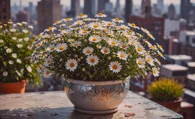 Poster - Large bouquet of white daisies in a silver bowl sits on a table. The flowers are arranged in a way that they are all facing the same direction, creating a sense of harmony and balance. The bowl itself
