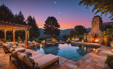 Fototapete - Large pool with a fire pit and a gazebo in the background. The pool is surrounded by lounge chairs and a fire pit. The scene is peaceful and relaxing