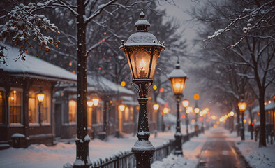 Poster - Street scene with a lamp post lit up in the snow. The street is empty and quiet, with only a few people walking by. The snow-covered ground and the warm light from the lamp post create a cozy and