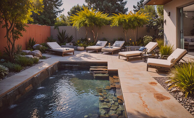 Fototapete - Pool with a stone walkway and a patio with several lounge chairs. The patio is surrounded by trees and has a stone wall