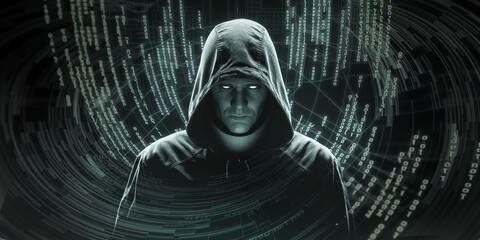 Wall Mural - hooded figure amidst swirling digital code, symbolizing cybersecurity, data protection, or digital p