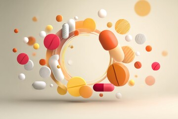 Leinwandbilder - Bright Minimal Pills and Icons in a Circular Health Motion Creating a Dynamic Composition of Colors and Shapes