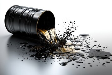 Fototapete - Black Barrel Spills Oil Artistically Onto Glossy White Background Creating Striking Contrast and Fluid Shapes in a Dynamic Arrangement