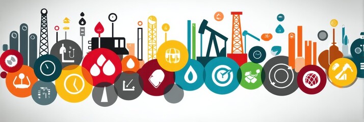 Poster - Decorative Petroleum Icons in a Circular Arrangement Showcasing Oil Industry Elements and Corporate Infographic Design