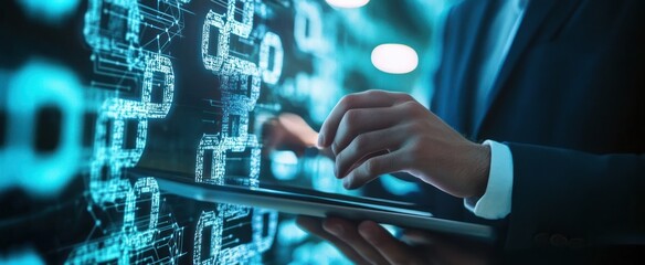 Man Using a Tablet with Glowing Binary Code in the Background